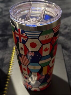 Insulated Travel Tumbler with International Flag Pattern - Red, Blue, Green